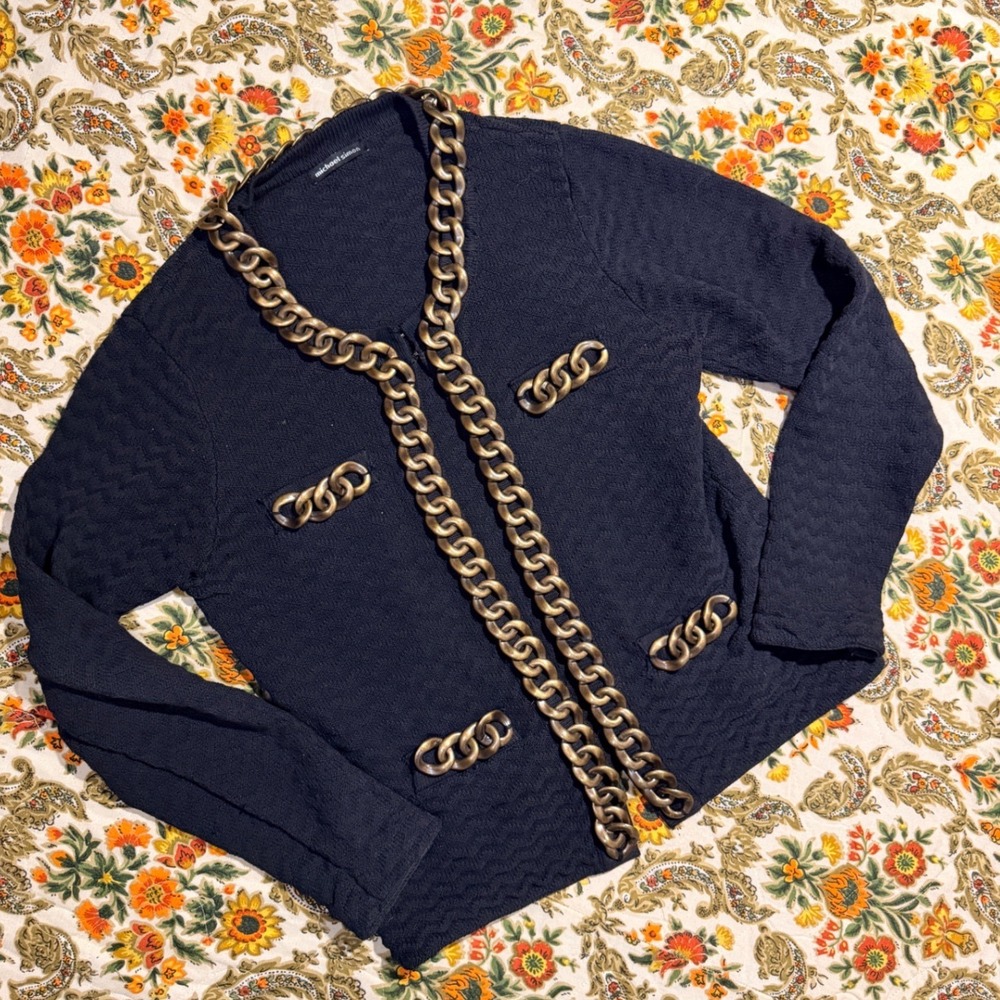 Michael Simon Black Textured Knit Cardigan Chunky Gold Chain Trim Hook Eye Large